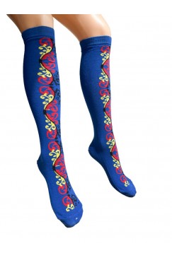 Сини дълги дамски чорапи с шевица