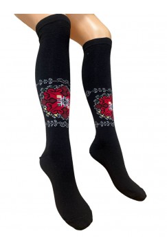 Черни памучни дамски дълги чорапи с шевица