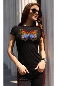 Стилна дамска черна тениска с камъни BUTTERFLY
