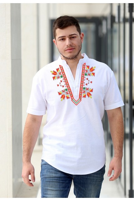 Бяла мъжка памучна риза с шевица MONI Бяла мъжка памучна риза с шевица MONI