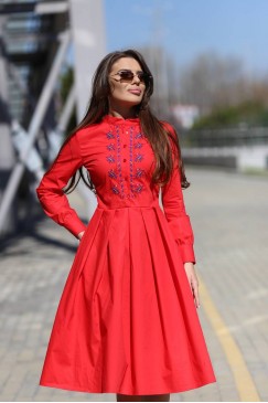 Червена дамска разкроена рокля с шевица KRASIMIRA RED