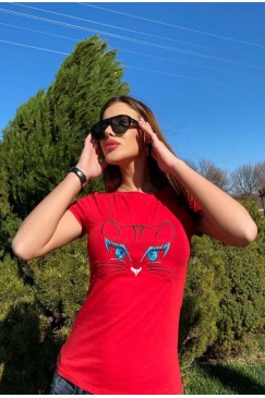 Тениска с бродерия KITTIE RED